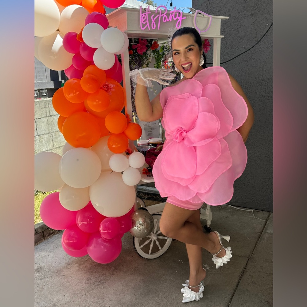 One shoulder pink oversized flower dress